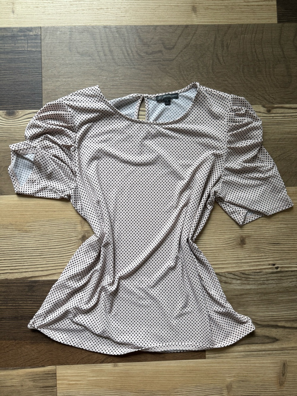 Adrianna Papell Cream Puff  Sleeve Blouse with Black Polka Dots M Office Chic